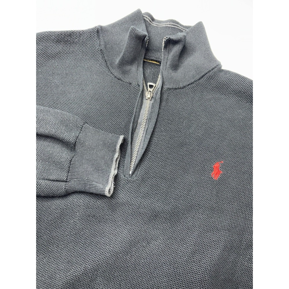 Ralph Lauren Pima Cotton 1/4 Zip Sweater Mens L Black Knit Red Pony Top
